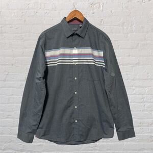 Van Heusen Slim Fit Shirt Men’s M Gray Long Sleeve Button Front Stripe Casual